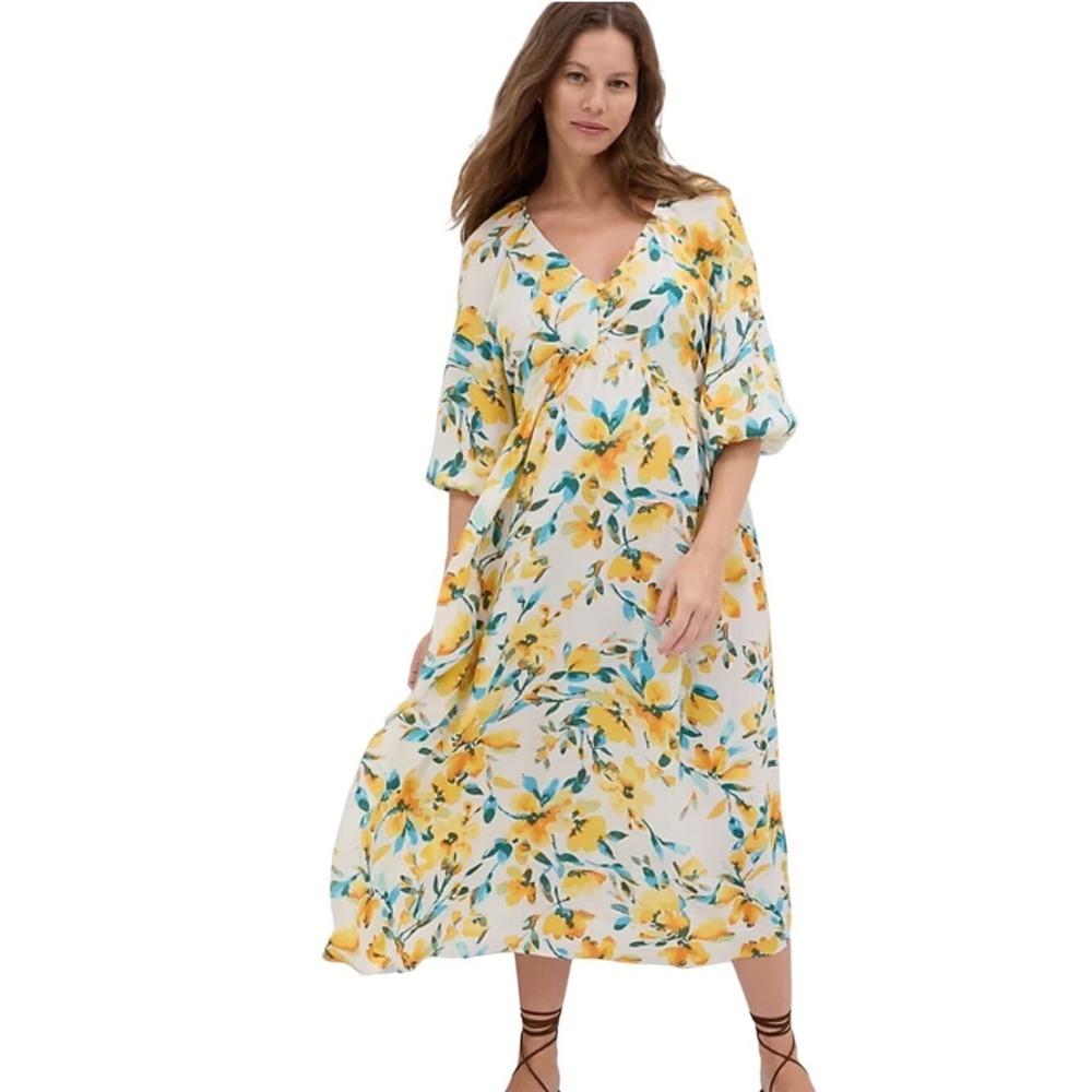 Gap Maternity Dress Womens Large Floral V-Neck Midi Boho Puff Sleeve Yellow Blue
